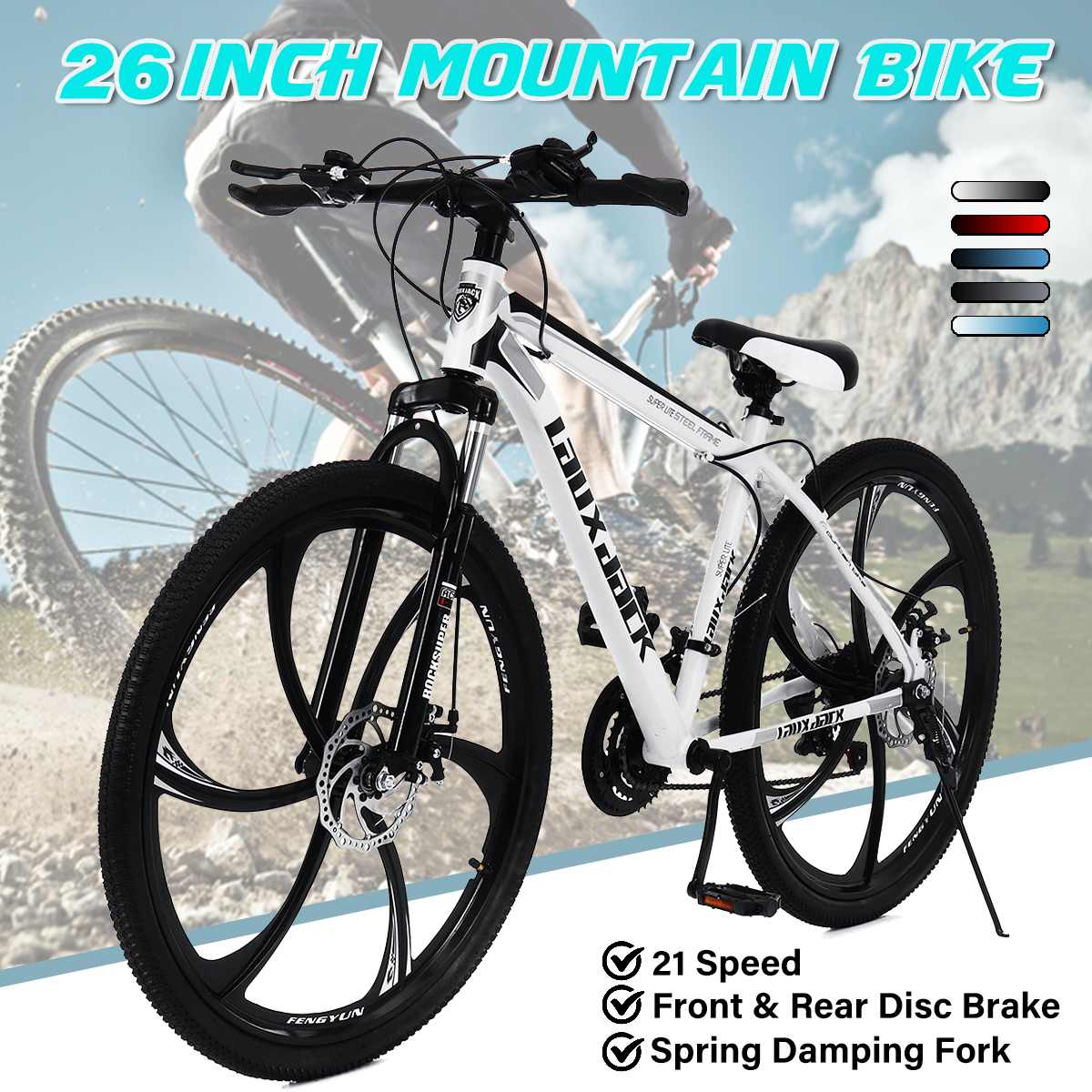 26 인치 산악 자전거 21 속도 댐핑 포크 지방 눈 도로 자전거 알루미늄 합금 바퀴 사이클링 기계 듀얼 디스크 Braker